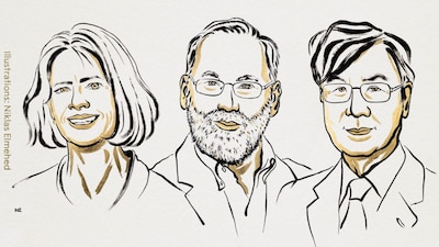 (From left) Mary Brunkow, Fred Ramsdell and Shimon Sakaguchi. (X/Nobel Prize)