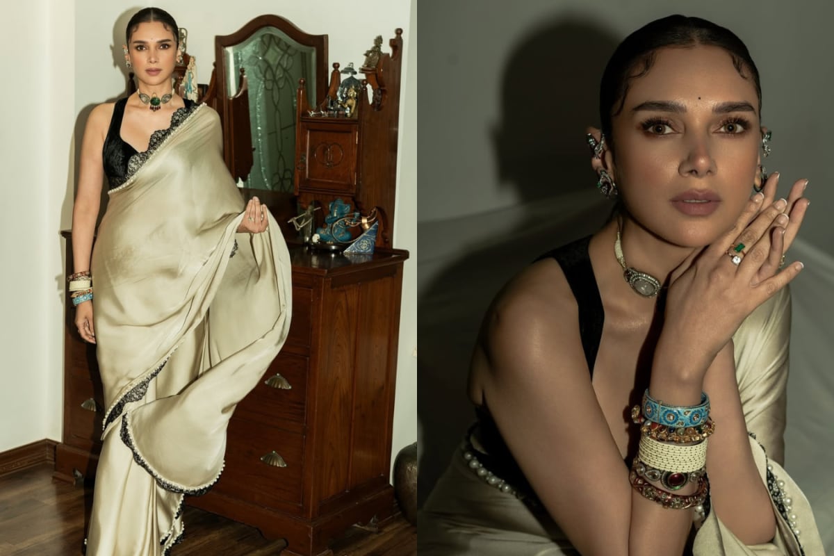 Aditi Rao Hydari Channels Desi Audrey Hepburn In A Stunning Manish Malhotra Pearl-Embroidered Saree