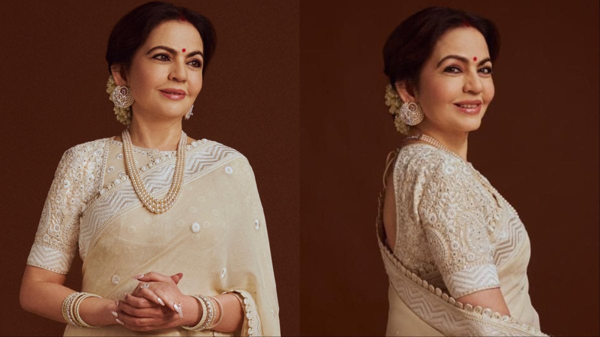 Nita Ambani's Ivory Abu Jani Sandeep Khosla Saree at Global Peace Honours
