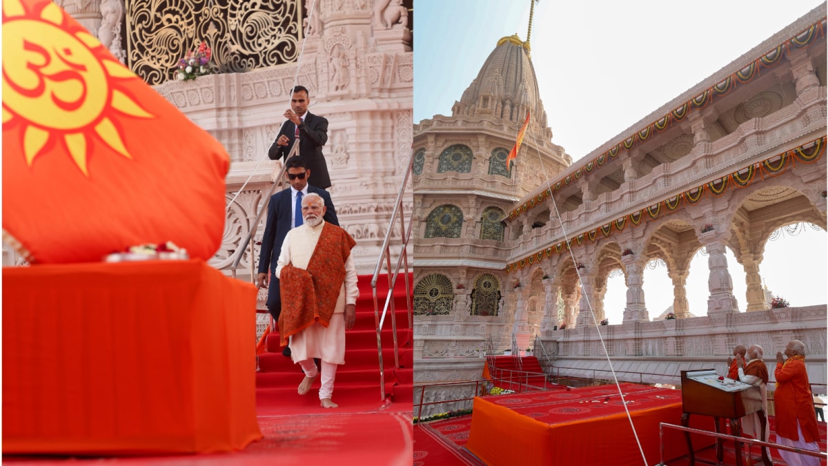 PM Modi Hoists Saffron Flag Atop Ayodhya Ram Mandir, Marking Temple’s Completion | Photos PM Modi Hoists Saffron Flag Atop Ayodhya Ram Mandir, Marking Temple’s Completion | Photos