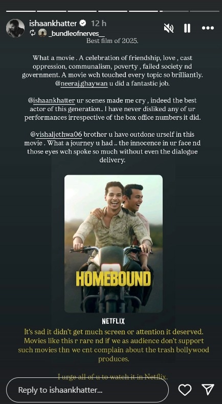 Homebound Actor Ishaan Khatter’s Fan Calls Him ‘Best Actor Of This Generation’ After ...