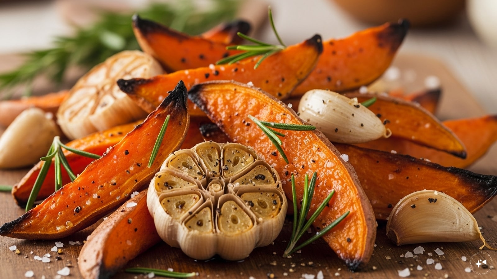  Roasted Garlic And Herb Sweet Potatoes: Crispy on the outside, tender on the inside, roasted with olive oil, garlic, and rosemary.