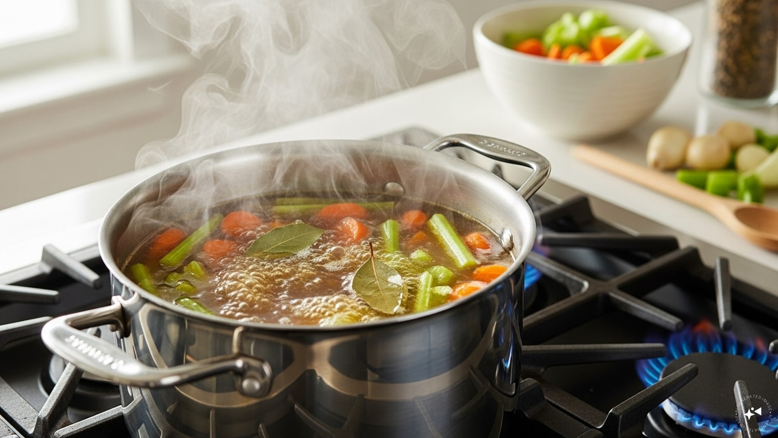 Boil the vegetable stock on medium heat. Add the sauce into water and mix it. Boil the vegetable stock on medium heat. Add the sauce into water and mix it.