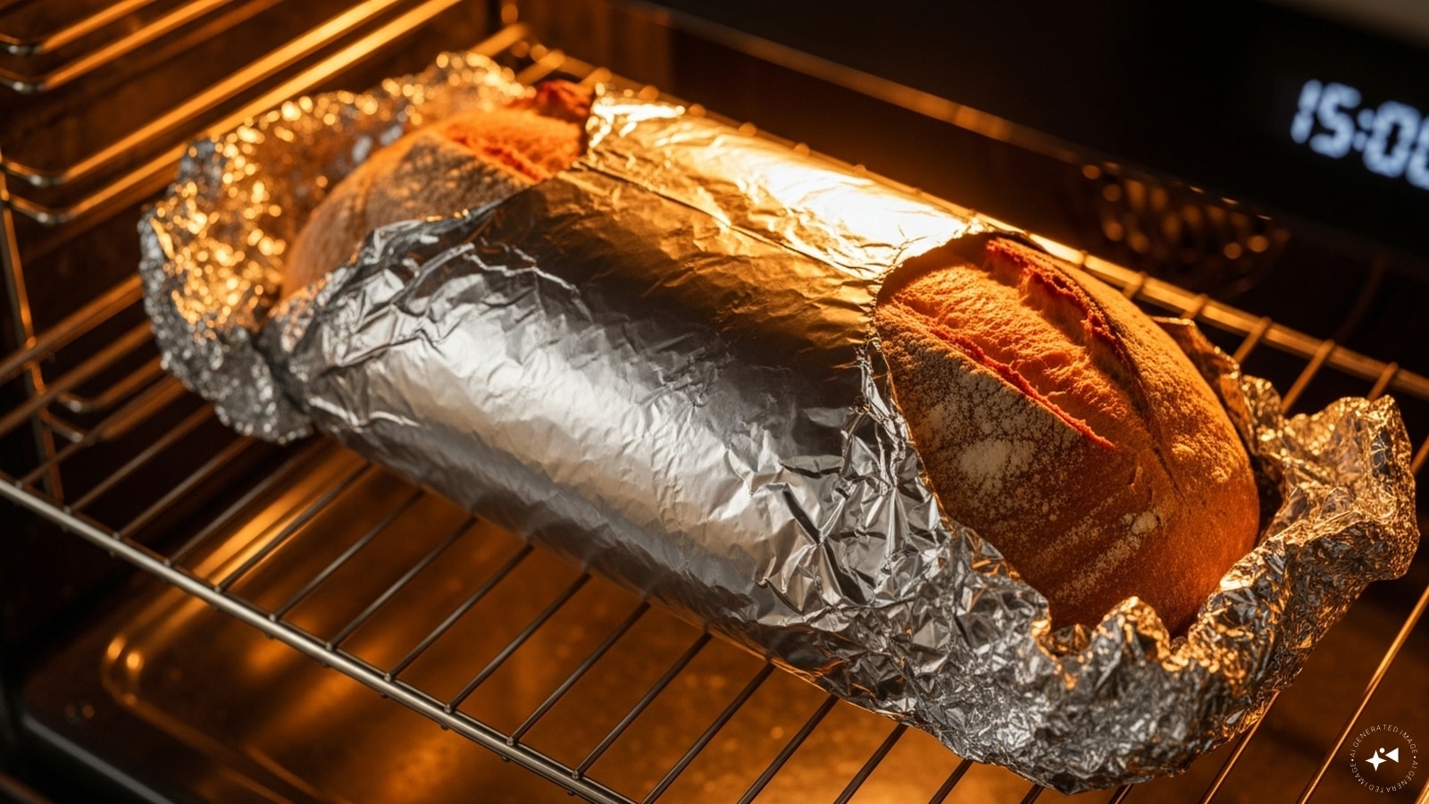 Bake the bread for 15 minutes after wrapping it in aluminium foil. 