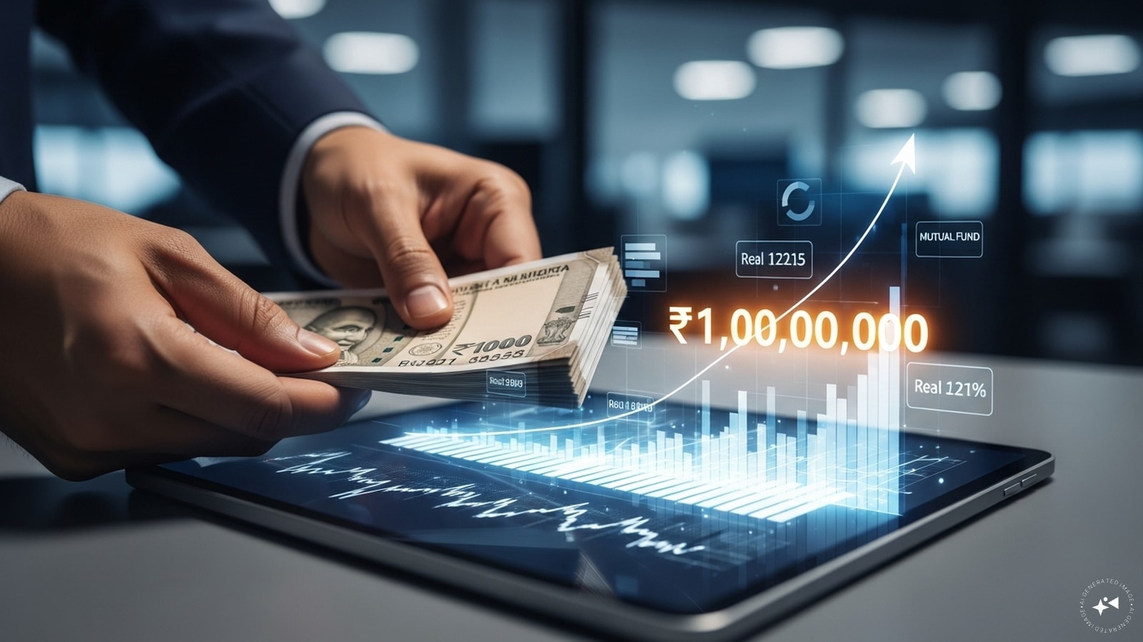 Investir Rs 10.000 mensais em uma carteira diversificada de fundos mútuos pode crescer para Rs 1 crore em 15-23 anos, com retornos anuais de 12-15%. (IA gerada)