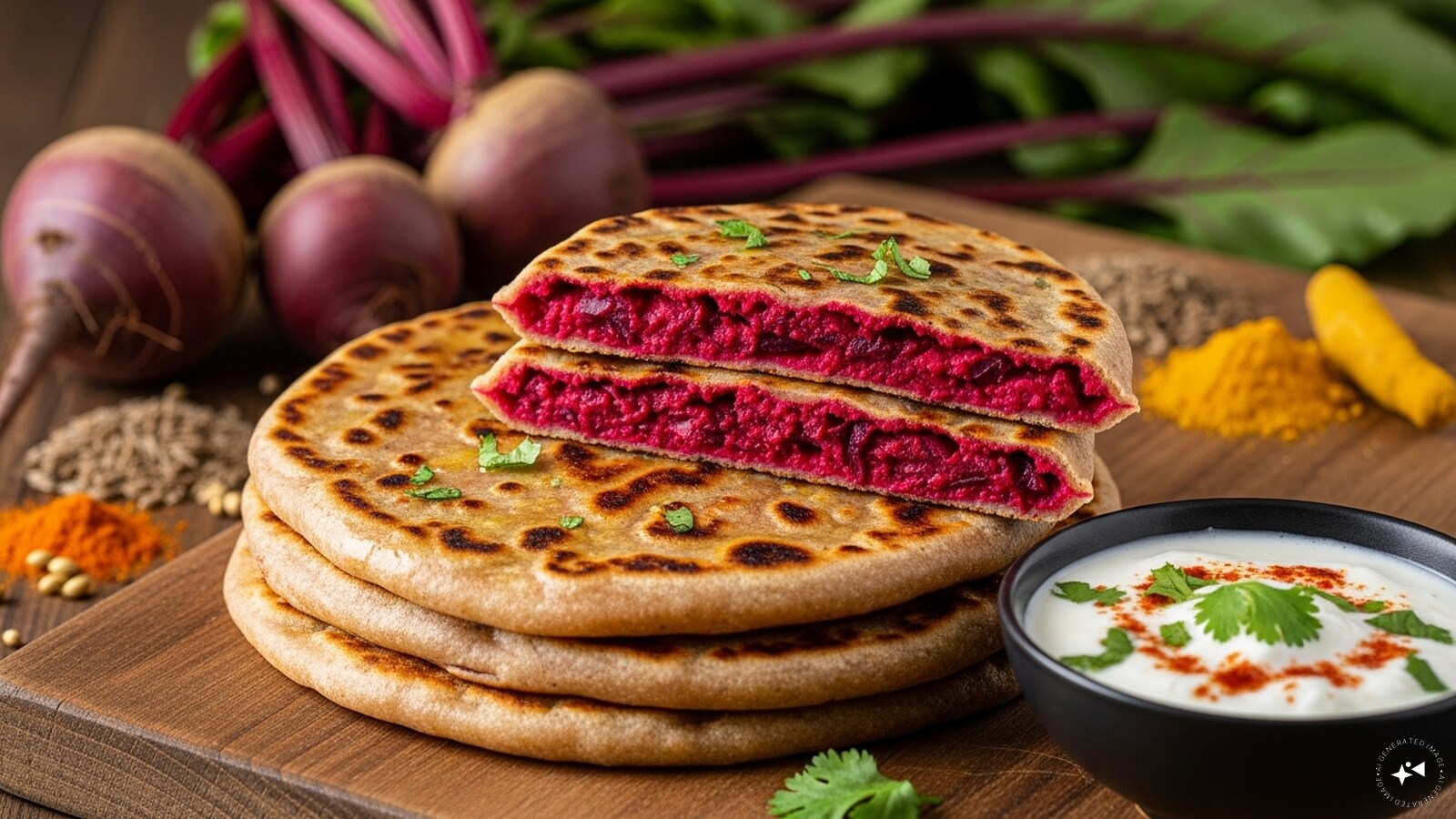  Beetroot Paratha: Whole wheat flatbreads stuffed with grated beetroot and spices, pan-fried with ghee for a colourful, healthy meal.