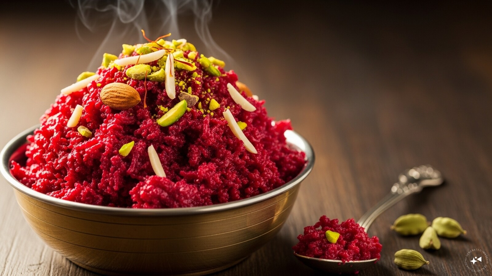 Beetroot Halwa: A sweet dessert made by slow-cooking grated beetroot with milk, sugar, and cardamom, garnished with nuts for richness.