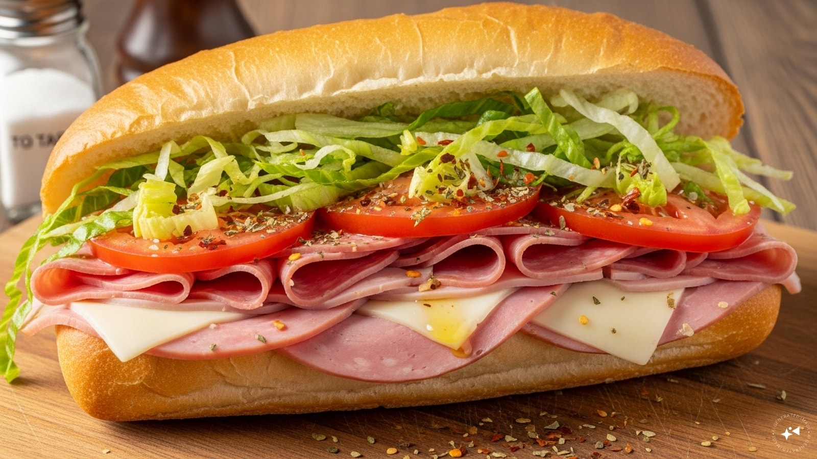  Ingredients: 1 Italian sub roll, 4 slices of salami, 3 slices of ham, 2 slices of cheese, ¼ cup shredded lettuce, 3 tomato slices, 1 tablespoon olive oil, ½ tablespoon Italian seasoning, 1 tablespoon vinegar, Salt and pepper to taste. 