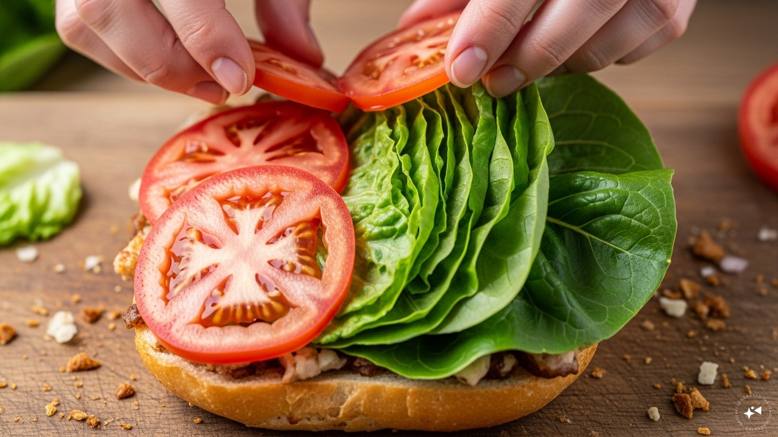  Next, garnish the filling with tomato slices and sliced lettuce to obtain extra crunch and freshness to the sandwich. 