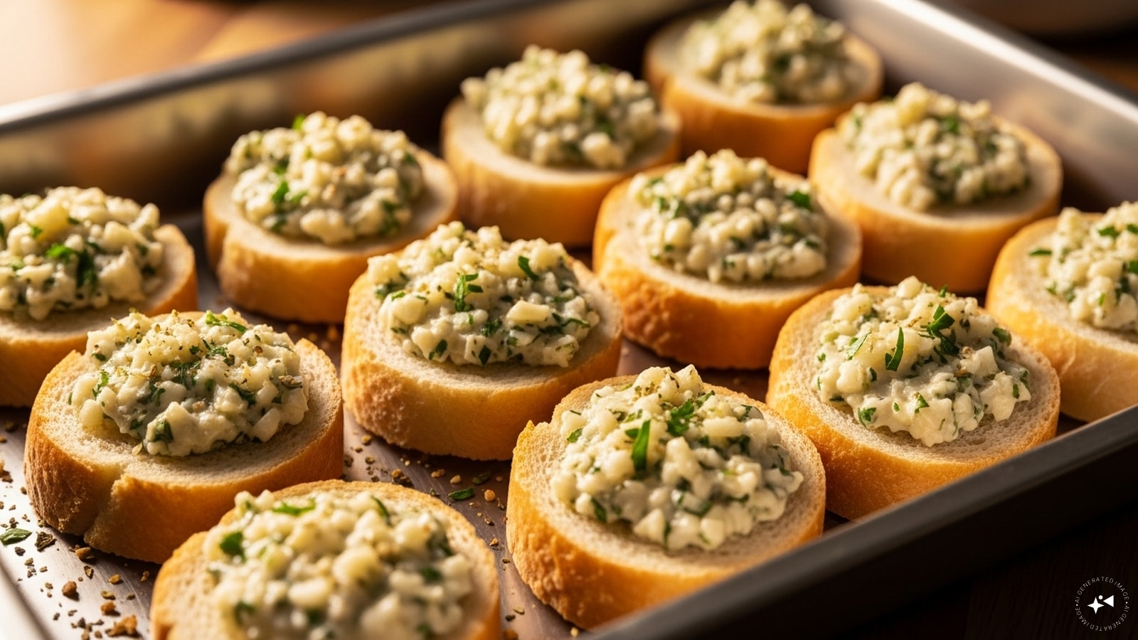 Then, evenly distribute the garlic cheese mixture among the bread slices.