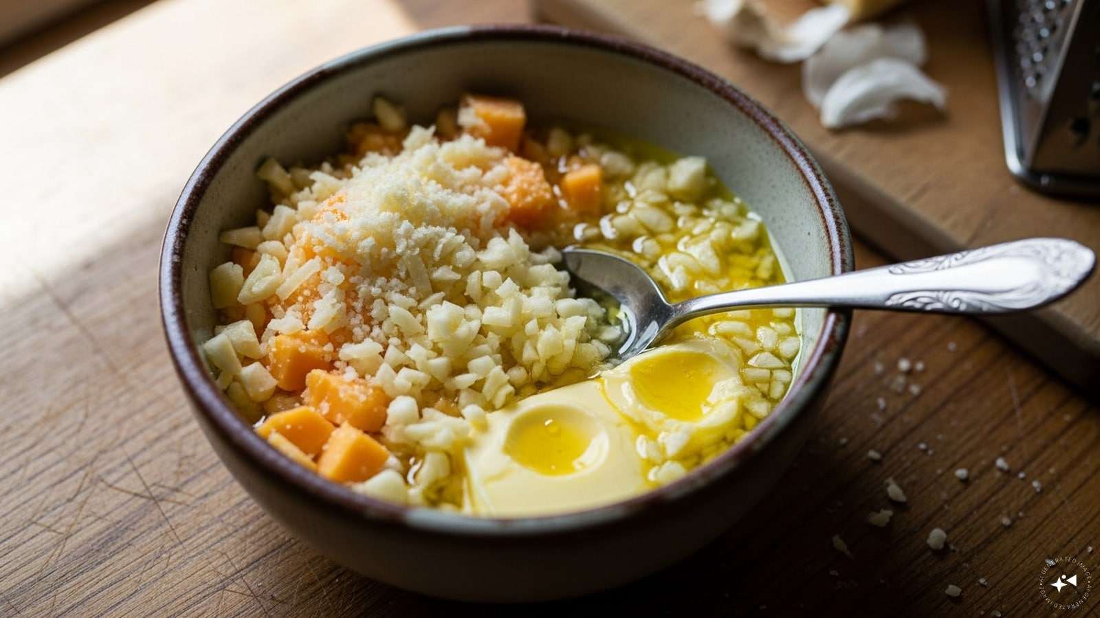 Combine the grated cheese, minced garlic and softened butter in a small bowl.
