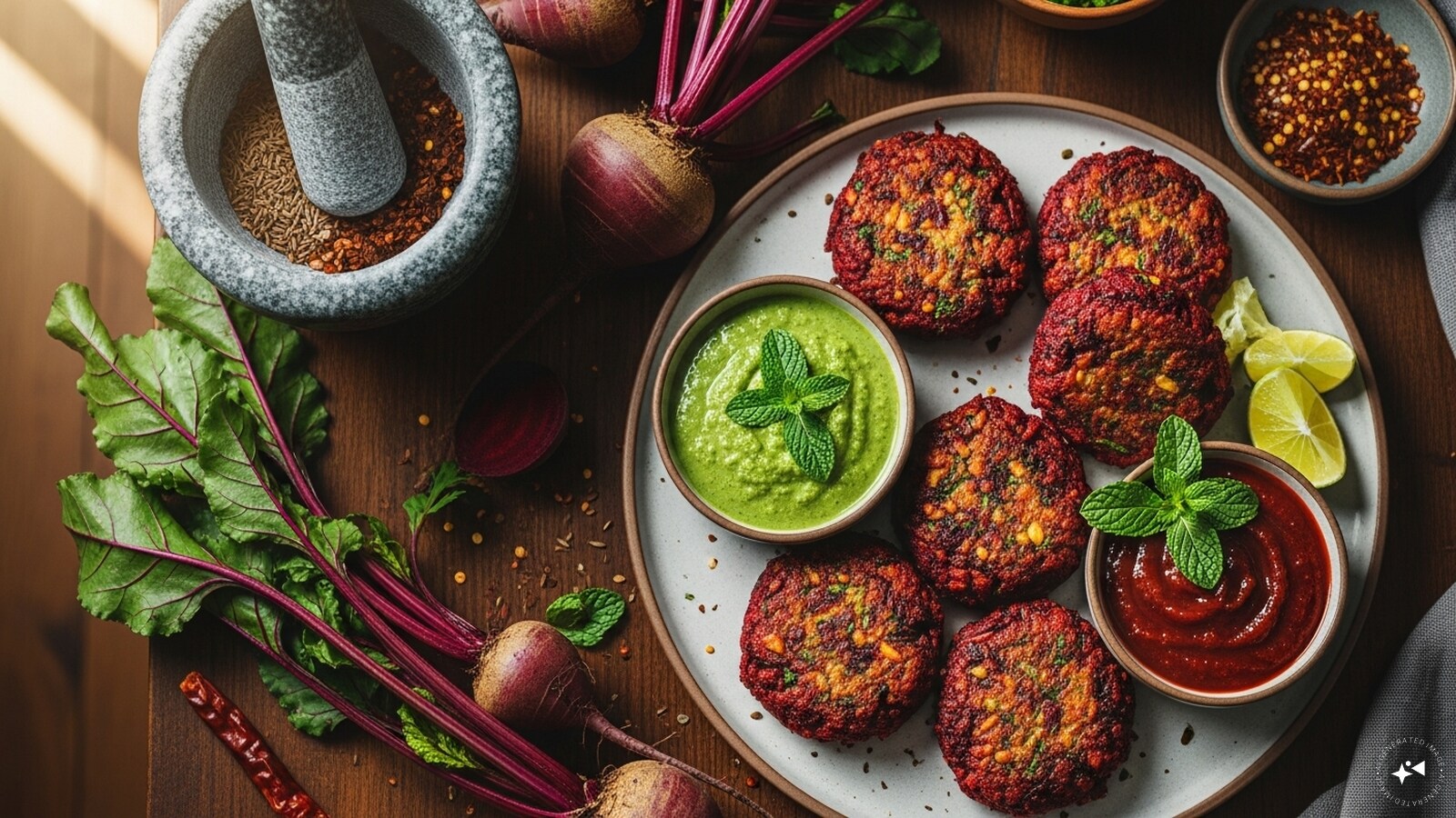  Beetroot Tikkis: Spiced mashed beetroot patties, shallow-fried to a golden crisp. It is perfect as a snack or appetizer with chutney.