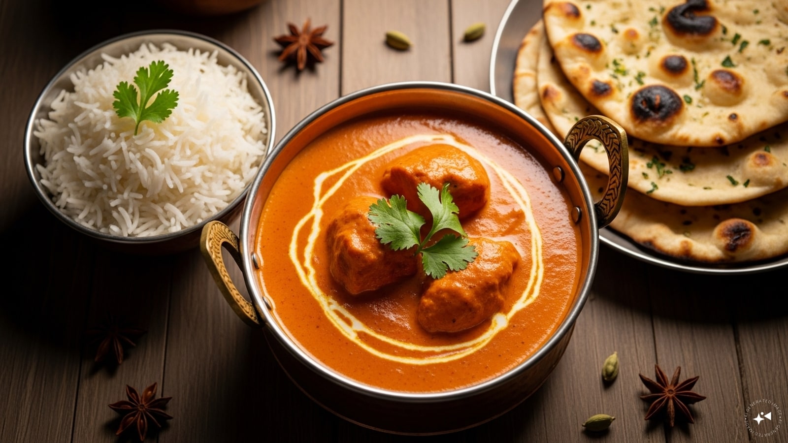 Butter Chicken: Rich, creamy tomato-based chicken curry, an iconic Indian dish done to perfection.