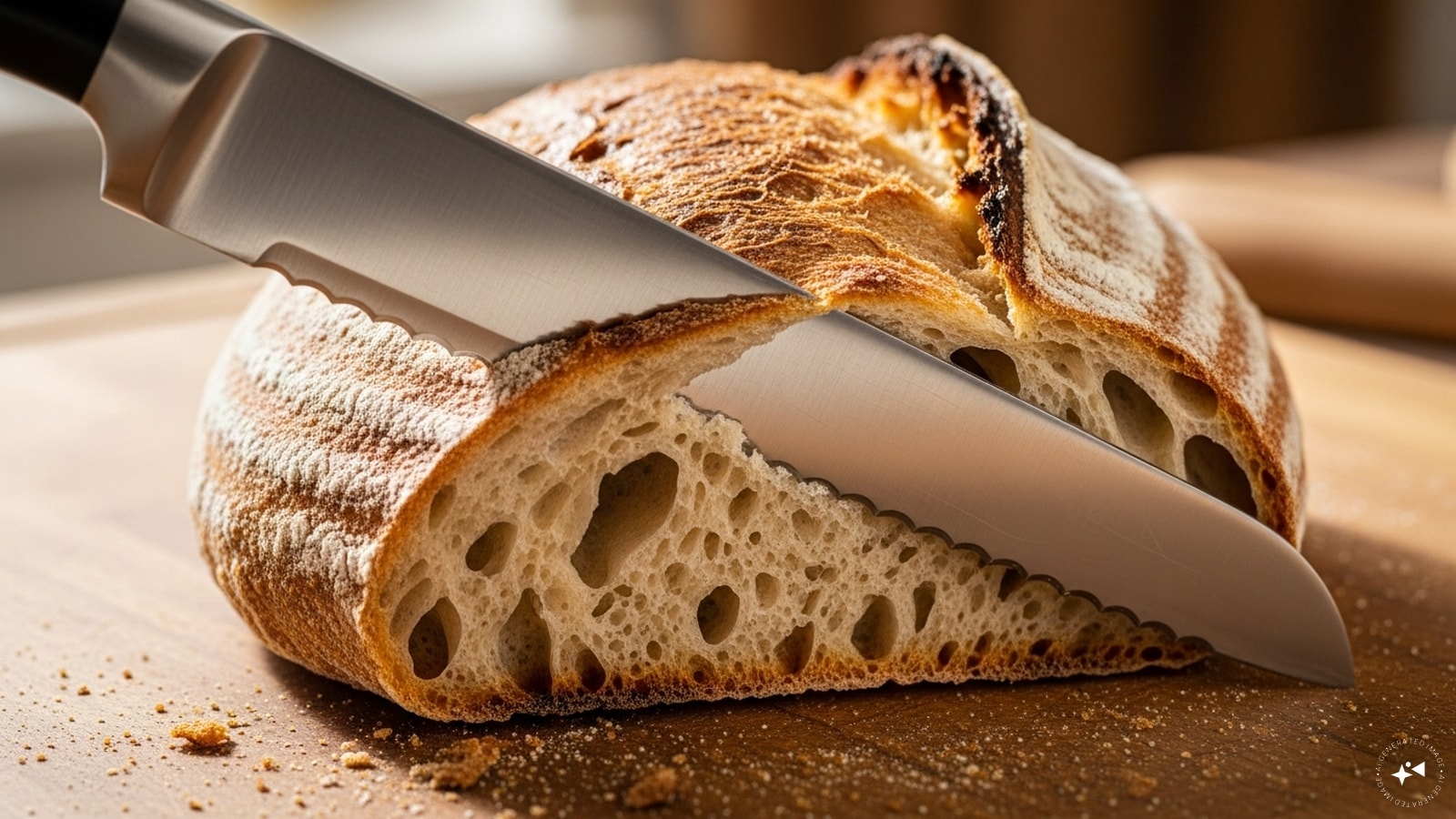 Now, cut the bread diagonally. Be careful not to cut all the way through.