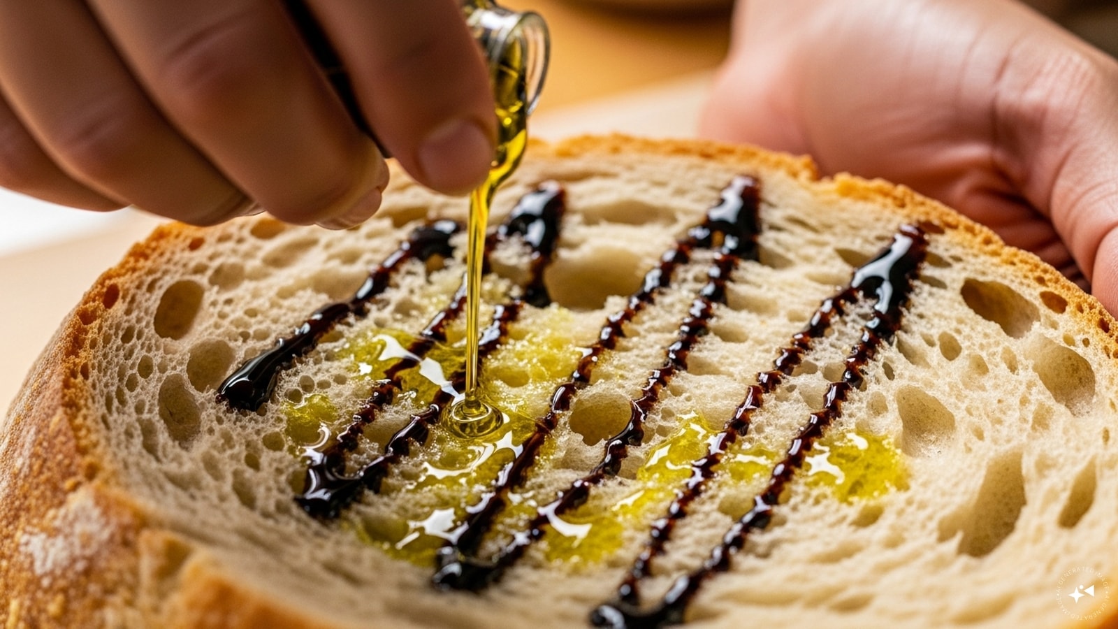  On the inner side of the bread, drizzle some olive oil and vinegar evenly to get the Italian tang. 