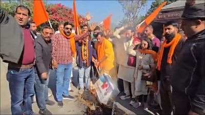 Outfits protesting outside the Shri Mata Vaishnodevi Institute of Medical Excellence in Katra. (Photo: X)