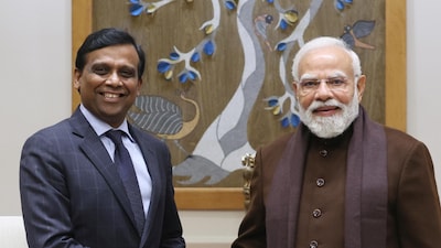 Cognizant CEO Ravi Kumar S with PM Modi on Tuesday. (Image: X/@Cognizant)