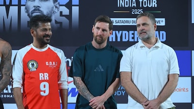 Football legend Lionel Messi interacted with Rahul Gandhi at Rajiv Gandhi International Stadium in Hyderabad.
