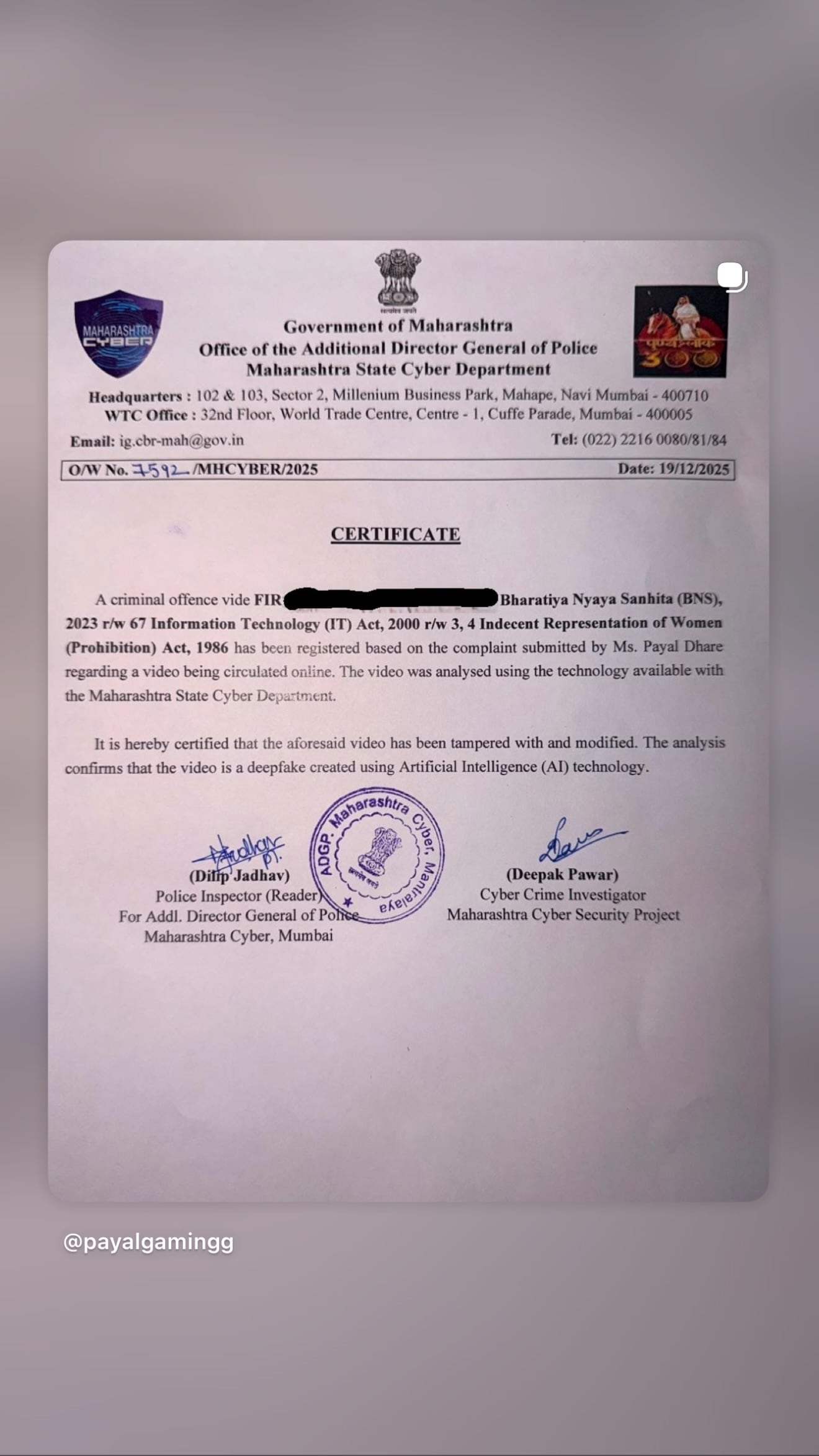 An official certificate issued by the Office of the Additional Director General of Police, Maharashtra State Cyber Department, stated that the video had been tampered with and was generated using AI. “The video was analysed using the technology available with the Maharashtra State Cyber Department. It is hereby certified that the aforesaid video has been tampered with and modified. The analysis confirms that the video is a deepfake created using Artificial Intelligence (AI) technology,” the certificate said.