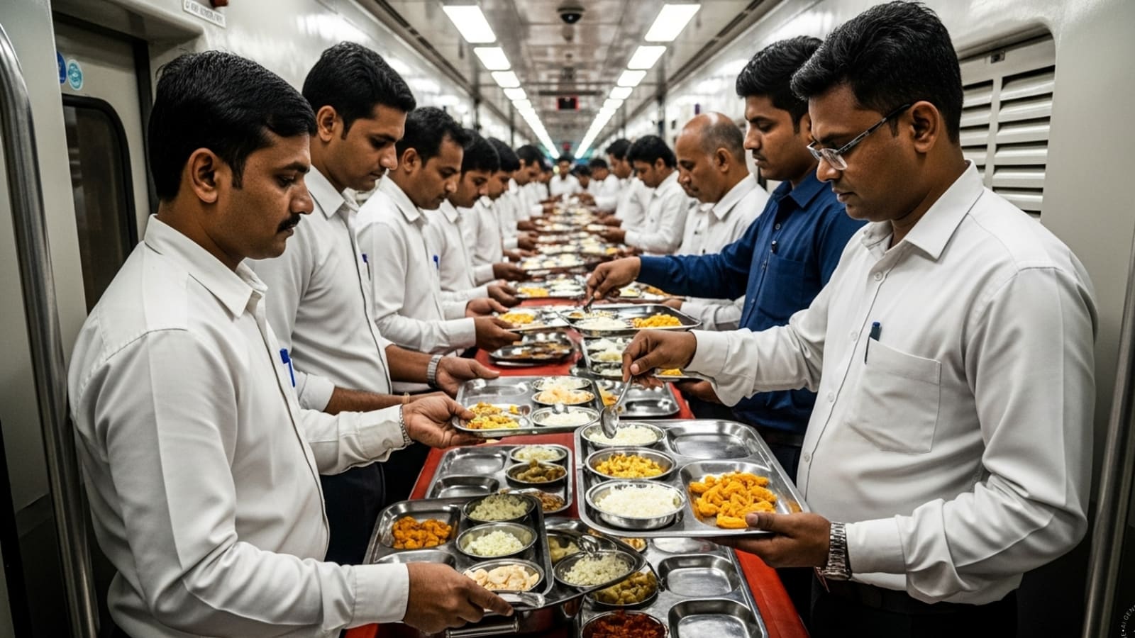 Kerala’s traditional meal—white rice, Pachakka Cherupayar Mezhukku Perati, Kadala Curry, Kerala Paratha, curd, Palada Payasam and Appam—is available on the 20633/34 Kasargod–Trivandrum and 20631/32 Mangalore–Trivandrum trains. (AI-generated image) Kerala’s traditional meal—white rice, Pachakka Cherupayar Mezhukku Perati, Kadala Curry, Kerala Paratha, curd, Palada Payasam and Appam—is available on the 20633/34 Kasargod–Trivandrum and 20631/32 Mangalore–Trivandrum trains. (AI-generated image)