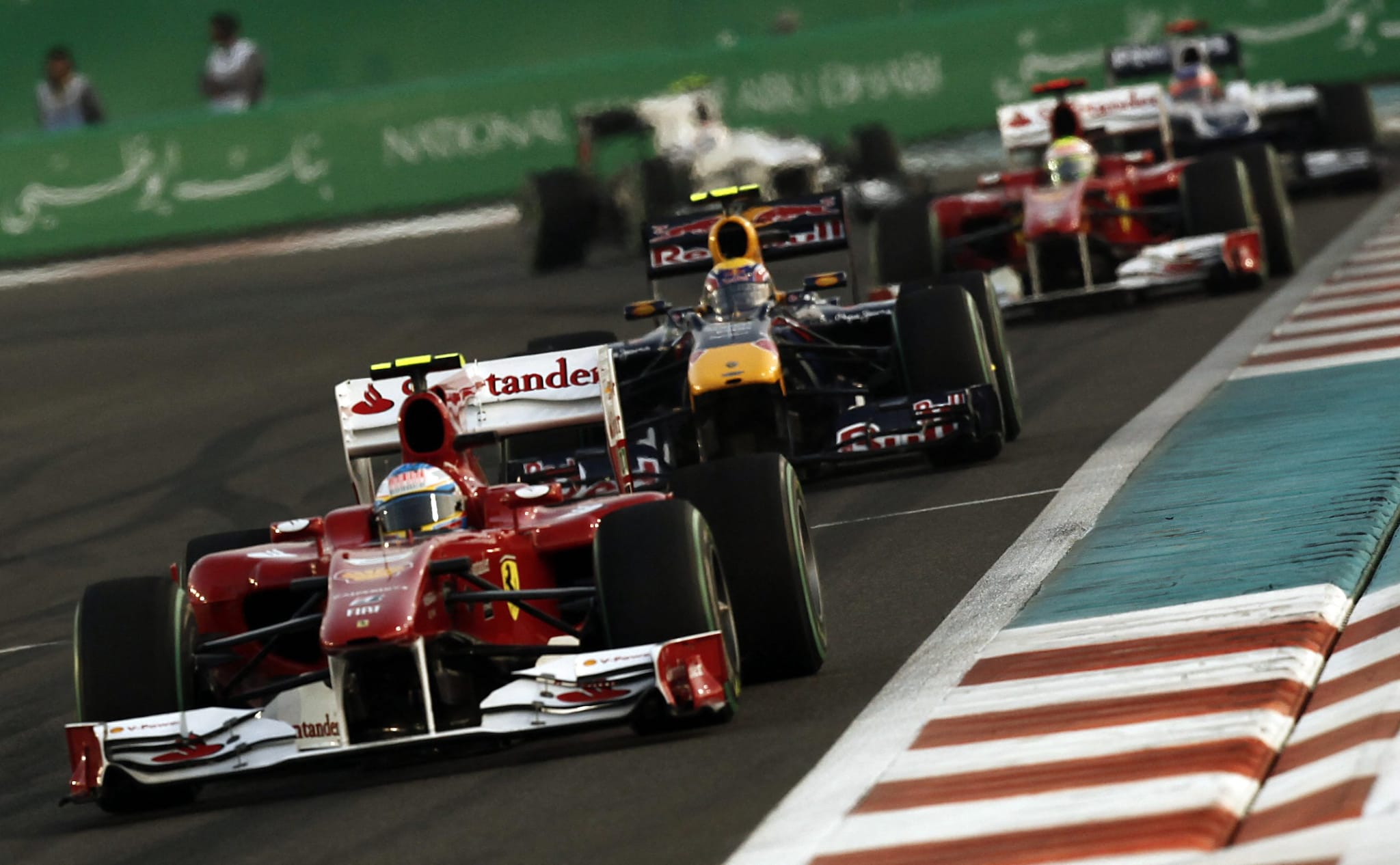 2010 - Fernando Alonso vs Mark Webber vs Sebastian Vettel vs Lewis HamiltonAbu Dhabi was once again the backdrop as four drivers took to the grid with a shot at the title. Ferrari's Fernando Alonso held an eight-point lead over Red Bull's Mark Webber, with Sebastian Vettel in the other Red Bull 15 points back, and McLaren's Lewis Hamilton 24 points off Alonso. (AFP) 2010 - Fernando Alonso vs Mark Webber vs Sebastian Vettel vs Lewis HamiltonAbu Dhabi was once again the backdrop as four drivers took to the grid with a shot at the title. Ferrari's Fernando Alonso held an eight-point lead over Red Bull's Mark Webber, with Sebastian Vettel in the other Red Bull 15 points back, and McLaren's Lewis Hamilton 24 points off Alonso. (AFP)