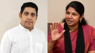 Congress functionary Praveen Chakravarty (left) and DMK MP Kanimozhi (right).