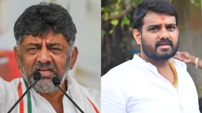 Left: Karnataka Deputy CM DK Shivakumar; Right: Congress worker Ganesh Gowda