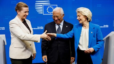 Denmark's Prime Minister Mette Frederiksen, European Council President Antonio Costa and European Commission President Ursula von der Leyen hold a press conference during a EU leaders' summit, in Brussels, Belgium. (REUTERS)