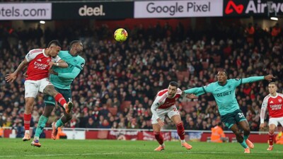 Arsenal's Gabriel Jesus pouncing for a last-minute header (AP)