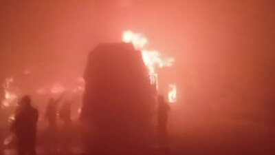 Several buses catch fire on the Delhi-Agra Expressway. (Image: ANI)