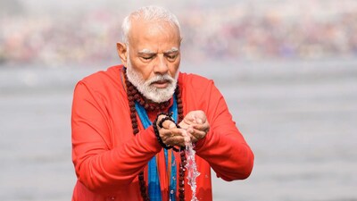 PM Modi takes a holy dip at Triveni Sangam during Maha Kumbh 2025 in Prayagraj, Uttar Pradesh.
