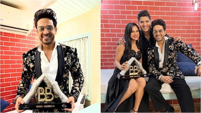 Gaurav Khanna poses with his wife Akanksha Chamola and friend Mridul Tiwari after Bigg Boss 19 win