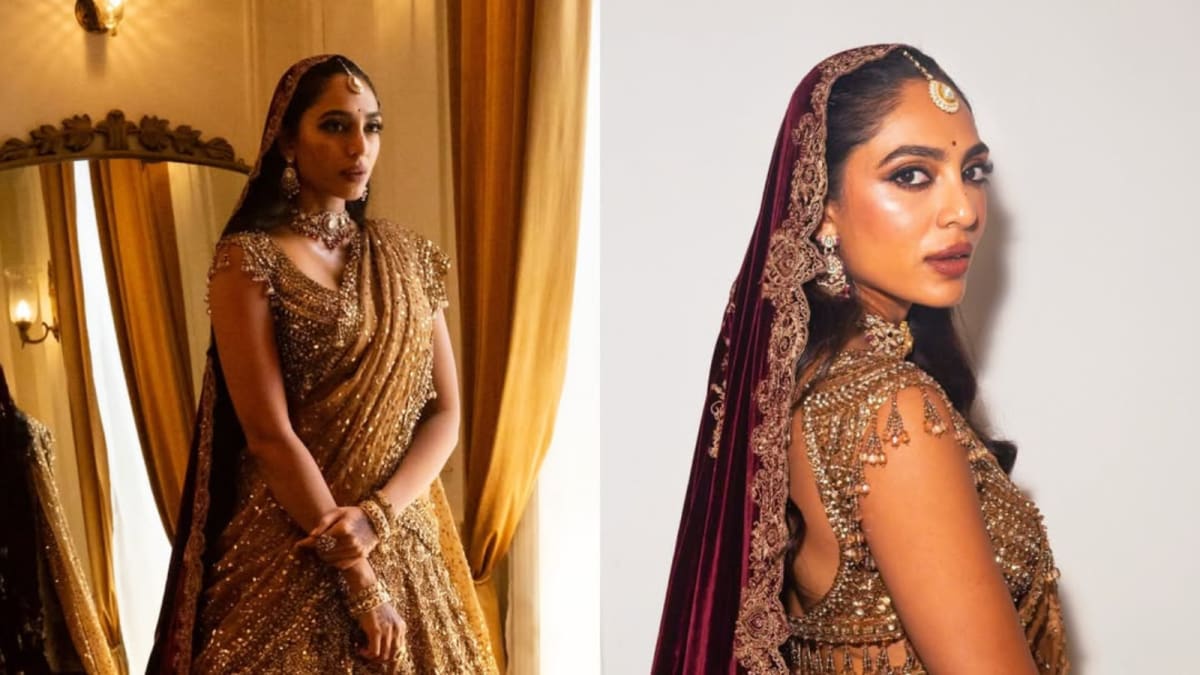 Sobhita Dhulipala Serves Modern Bridal Elegance In A Gold Lehenga And Burgundy Dupatta