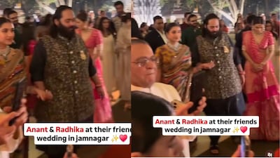 Radhika Merchant and Anant Ambani step out hand in hand in Jamnagar, turning heads in elegant ethnic ensembles—her vibrant Sabyasachi saree paired with emerald jewels and his classic navy kurta-waistcoat look.