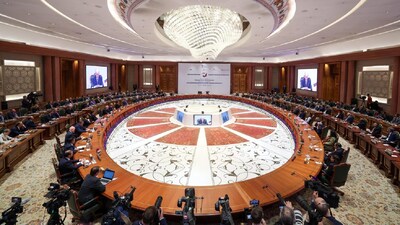 A packed hall attends the India-Russia Business Forum in New Delhi on Friday.