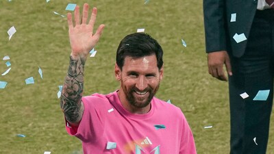 Lionel Messi waving to fans at the Arun Jaitley Stadium in Delhi. (PTI)
