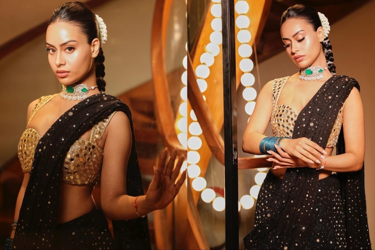 Nysa Devgan Channels Midnight Opulence In A Black Sequinned Saree And Gold Blouse