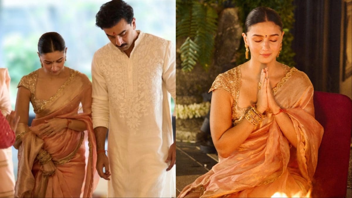 Alia Bhatt Glows In Peach Gold Saree For Her Krishna Raj Grah Pravesh Ceremony | Fashion News