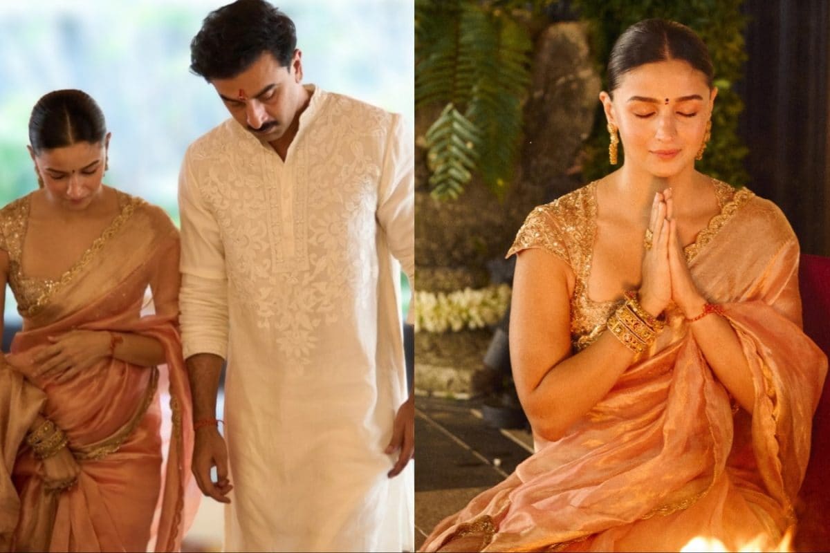 Alia Bhatt Glows In Peach Gold Saree For Her Krishna Raj Grah Pravesh Ceremony