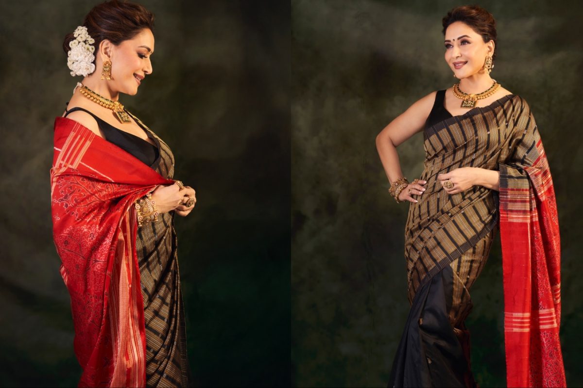Madhuri Dixit Revives Heritage Elegance In A Mustard And Black Sonepuri Silk Saree