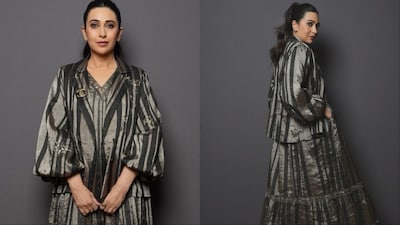 Karisma Kapoor donned a black and silver linen zari dress by EKA.