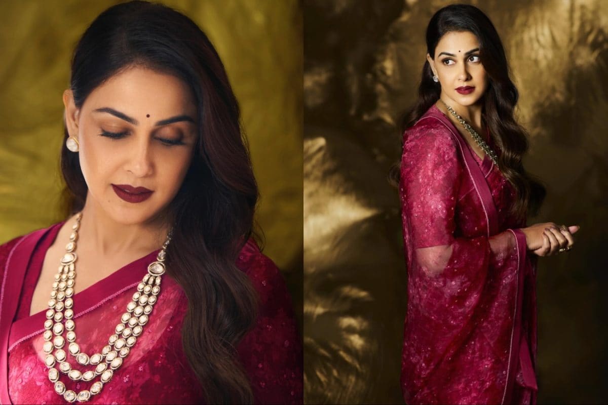 Genelia Deshmukh Channels Vintage Bollywood Glam In A Rose-Toned Anavila Saree