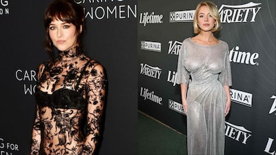 (L-R) Dakota Johnson in Gucci, Sydney Sweeney in Christian Cowman