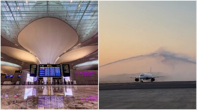 Interior of the newly-built Navi Mumbai International Airport (NMIA)/ A flight receives water cannon salute (PTI)