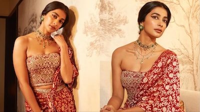 Pooja Hegde exudes elegance and grace in a brocade saree gown.