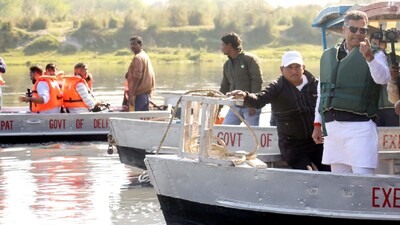 Delhi Minister Parvesh Sahib Singh Verma takes a boat ride during inspection of the cleanliness efforts at Yamuna ghats, in New Delhi. (IMAGE: PTI FILE) 
