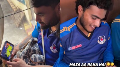 Rinku Singh (left) and Prashant Veer watching the IPL mini auction. (Screengrab)