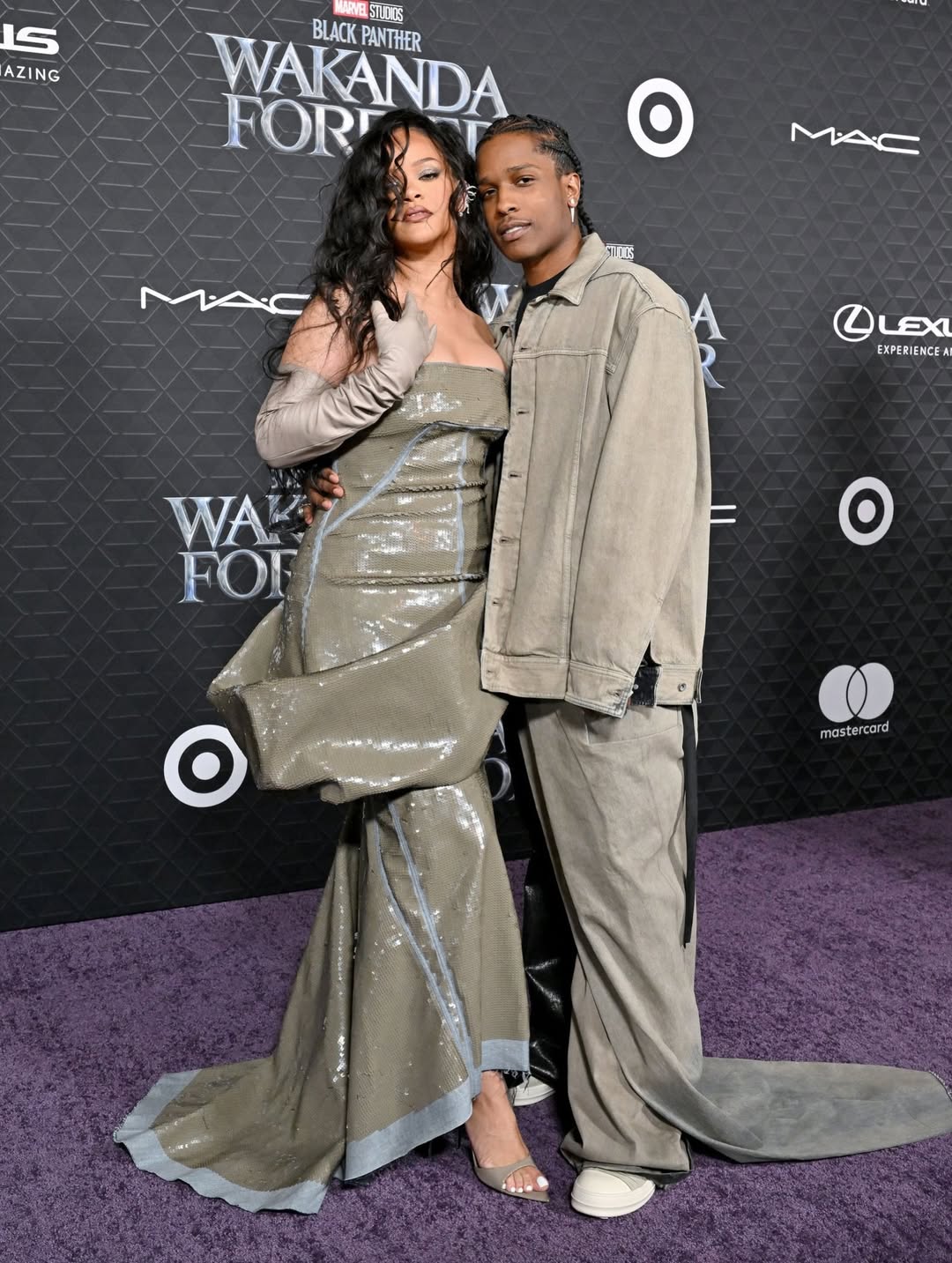 Rihanna and A$AP Rocky: At the Black Panther: Wakanda Forever premiere in 2022, Rihanna and A$AP Rocky made one of their most memorable red carpet appearances. The couple arrived in coordinated grey ensembles, instantly drawing attention for their understated yet powerful fashion statement.