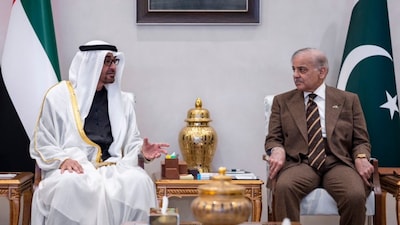 Pakistan Prime Minister Shehbaz Sharif with UAE President Mohamed bin Zayed Al Nahyan. (Image via X/@MohamedBinZayed)