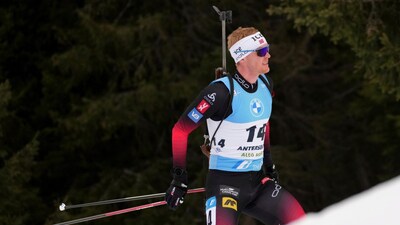 Sivert Guttorm Bakken of Norway competes during the men's 15km mass start race at the biathlon World Cup in Anterselva. (File Photo/AP)